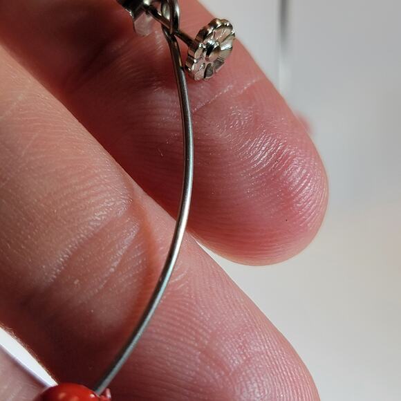 Vintage Red Bead Dangle Earrings – Floral Metal Back with Long Hook Design - Picture 9 of 10